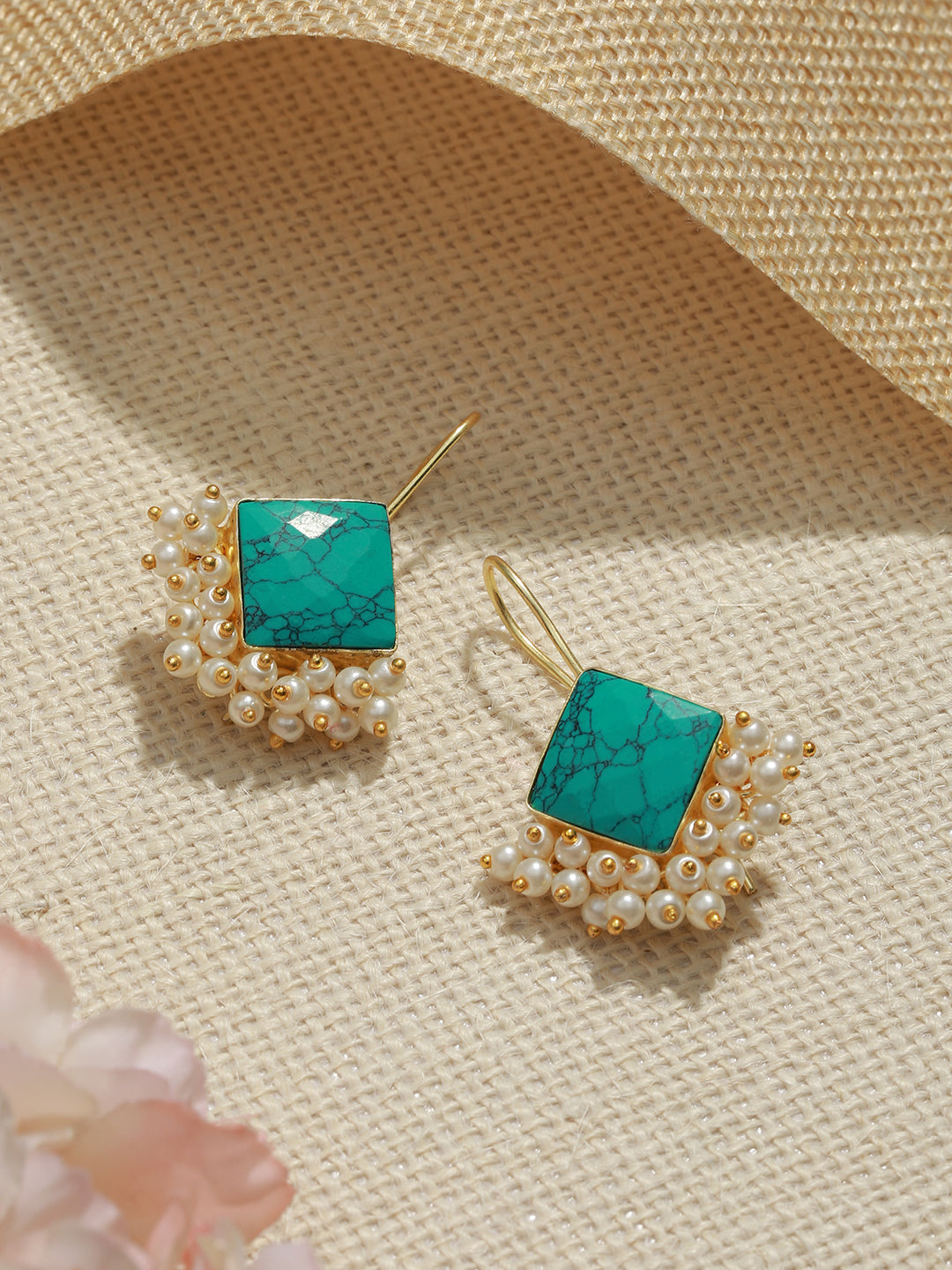 Gold Plated Turquoise Blue & Pearl Beaded Hoop Earrings